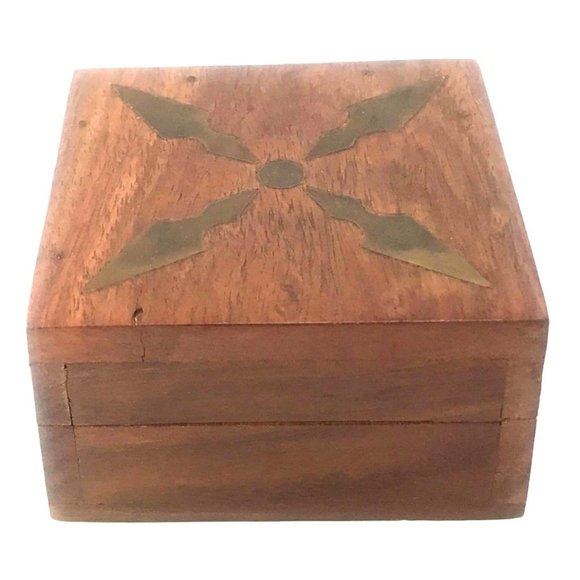 Vintage Brass Inlay Teak Trinket Box Made in India Pygmy Fund Red Felt Lining - Picture 1 of 8